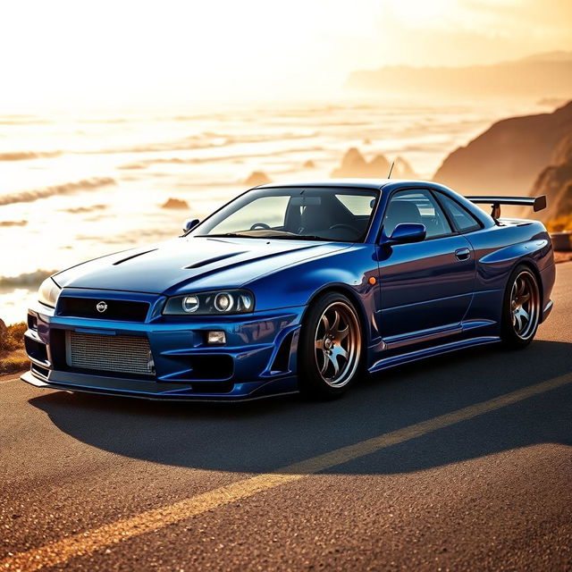 A stunning Nissan GTR R34, showcasing its iconic design with sharp lines and aggressive styling