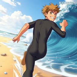 Detailed anime-style cover art for an educational science graphic novel titled 'Coasts', featuring an excited teen male character in a tight wet wetsuit