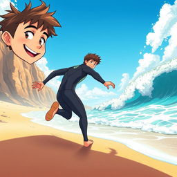 Detailed anime-style cover art for an educational science graphic novel titled 'Coasts', featuring an excited teen male character in a tight wet wetsuit