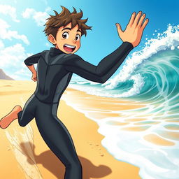 Detailed anime-style cover art for an educational science graphic novel titled 'Coasts', featuring an excited teen male character in a tight wet wetsuit