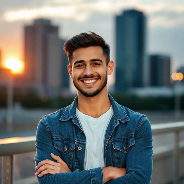 A stylish and modern profile picture of a young adult male, smiling confidently, set against a blurred cityscape background at sunset