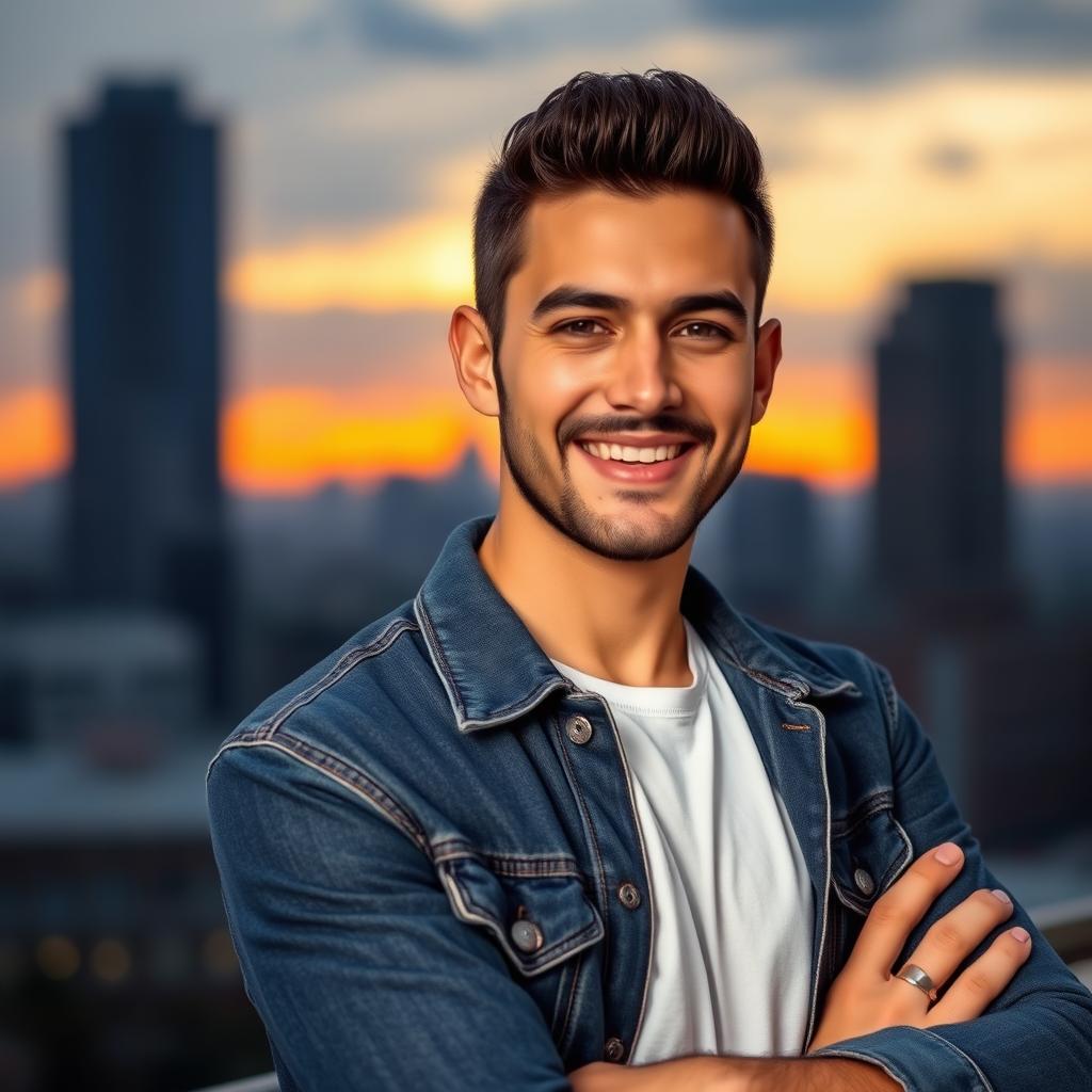 A stylish and modern profile picture of a young adult male, smiling confidently, set against a blurred cityscape background at sunset