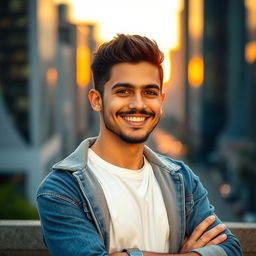A stylish and modern profile picture of a young adult male, smiling confidently, set against a blurred cityscape background at sunset