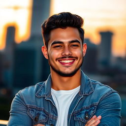 A stylish and modern profile picture of a young adult male, smiling confidently, set against a blurred cityscape background at sunset