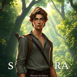 An enchanting fantasy book cover inspired by Greek mythology, featuring a character who is the son of Hephaestus