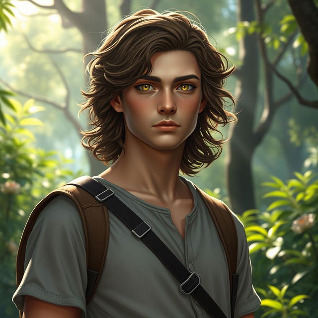 An enchanting fantasy book cover inspired by Greek mythology, featuring a character who is the son of Hephaestus