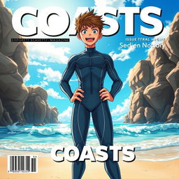 Detailed anime-style cover art for an educational science magazine issue titled 'Coasts', featuring an excited teen male character in a tight wet wetsuit standing confidently with his hands on his hips