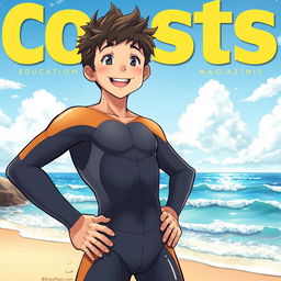 Detailed anime-style cover art for an educational science magazine issue titled 'Coasts', featuring an excited teen male character in a tight wet wetsuit standing confidently with his hands on his hips