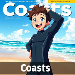 Detailed anime-style cover art for an educational science magazine issue titled 'Coasts', featuring an excited teen male character in a tight wet wetsuit standing confidently with his hands on his hips