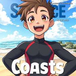 Detailed anime-style cover art for an educational science magazine issue titled 'Coasts', featuring an excited teen male character in a tight wet wetsuit standing confidently with his hands on his hips