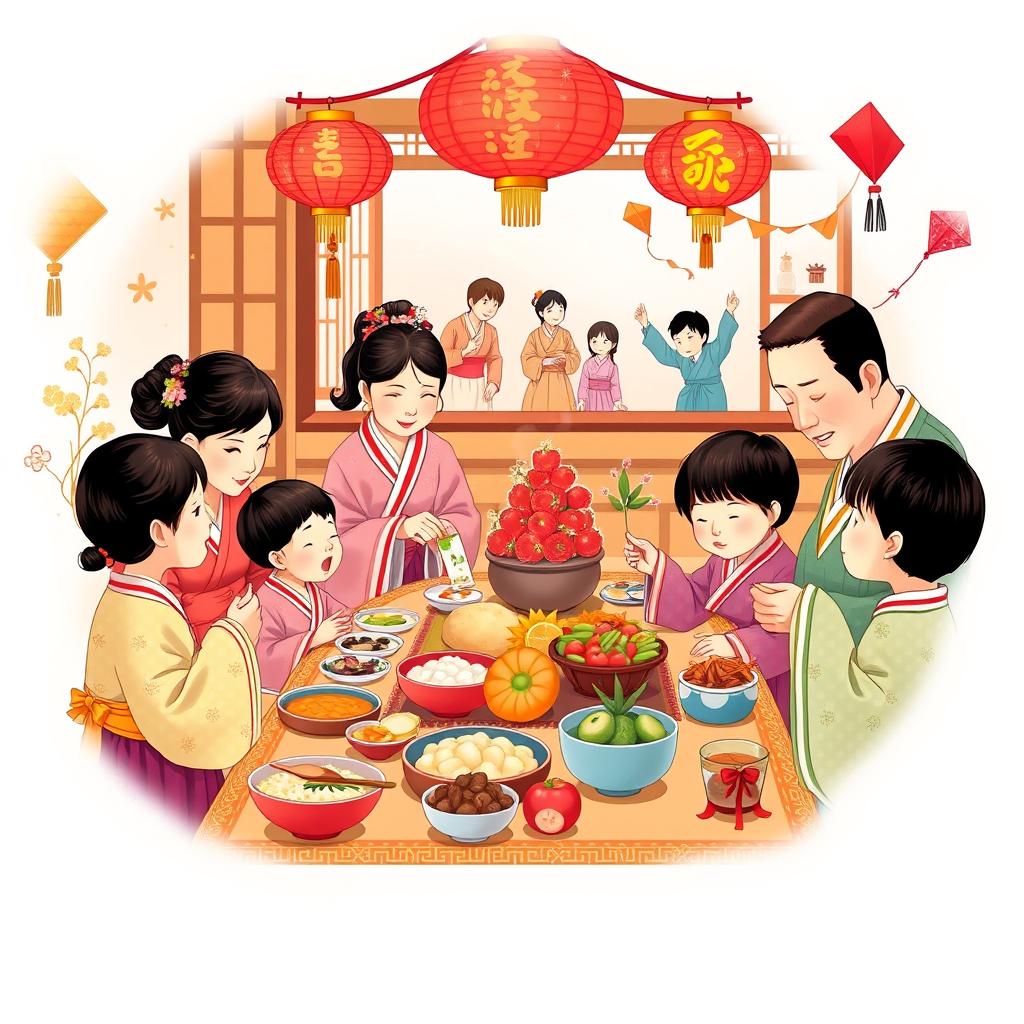 A vibrant and festive depiction of Seollal (Korean Lunar New Year), showing a family gathered together in traditional hanbok attire, celebrating the occasion with an assortment of traditional foods such as tteokguk (rice cake soup) and beautifully arranged offerings for the ancestor ritual (charye)