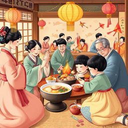 A vibrant and festive depiction of Seollal (Korean Lunar New Year), showing a family gathered together in traditional hanbok attire, celebrating the occasion with an assortment of traditional foods such as tteokguk (rice cake soup) and beautifully arranged offerings for the ancestor ritual (charye)
