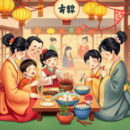 A vibrant and festive depiction of Seollal (Korean Lunar New Year), showing a family gathered together in traditional hanbok attire, celebrating the occasion with an assortment of traditional foods such as tteokguk (rice cake soup) and beautifully arranged offerings for the ancestor ritual (charye)