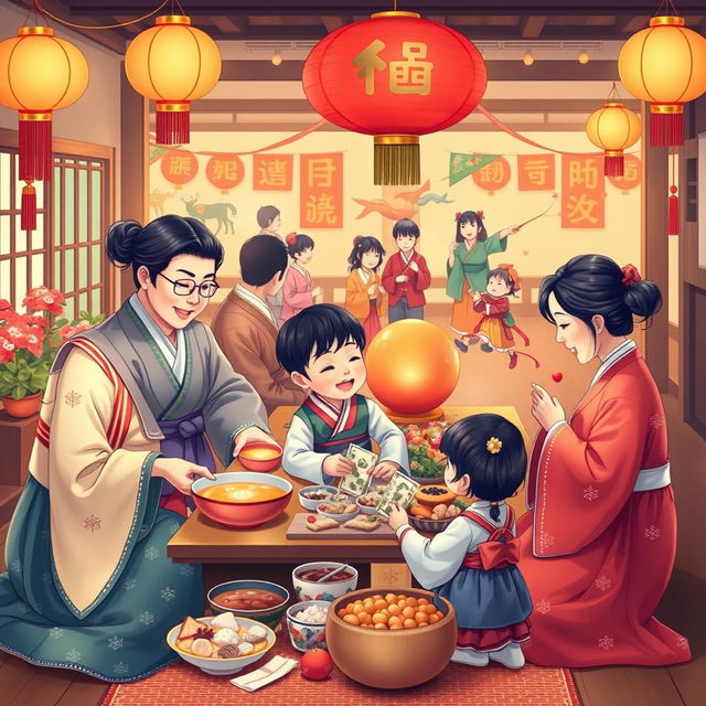 A vibrant and festive depiction of Seollal (Korean Lunar New Year), showing a family gathered together in traditional hanbok attire, celebrating the occasion with an assortment of traditional foods such as tteokguk (rice cake soup) and beautifully arranged offerings for the ancestor ritual (charye)