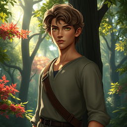 An enchanting fantasy book cover inspired by Greek mythology, featuring a character who is the son of Hephaestus