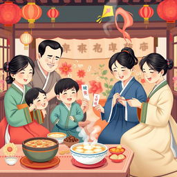 A colorful and heartwarming scene of Seollal (Korean Lunar New Year), featuring a family dressed in traditional hanbok attire, celebrating together