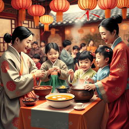 A colorful and heartwarming scene of Seollal (Korean Lunar New Year), featuring a family dressed in traditional hanbok attire, celebrating together