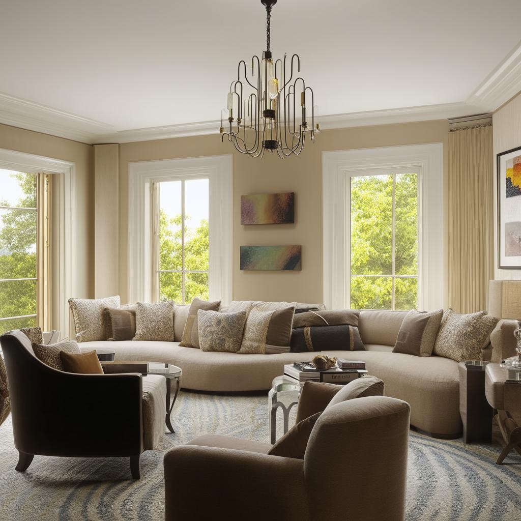 An elegant room showcasing a harmony of colors and textures, filled with high-end furniture, elegant light fixtures, multiple windows with scenic outdoors views.