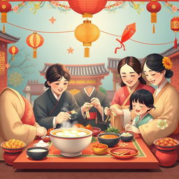 A colorful and heartwarming scene of Seollal (Korean Lunar New Year), featuring a family dressed in traditional hanbok attire, celebrating together