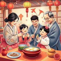 A colorful and heartwarming scene of Seollal (Korean Lunar New Year), featuring a family dressed in traditional hanbok attire, celebrating together