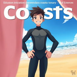 Detailed anime-style cover art for an educational science magazine issue titled 'Coasts', featuring a friendly athletic teen male character in a tight wet full-body wetsuit