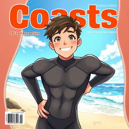 Detailed anime-style cover art for an educational science magazine issue titled 'Coasts', featuring a friendly athletic teen male character in a tight wet full-body wetsuit