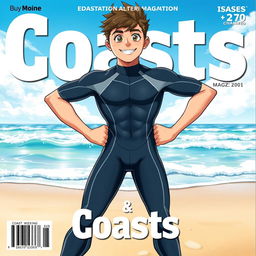 Detailed anime-style cover art for an educational science magazine issue titled 'Coasts', featuring a friendly athletic teen male character in a tight wet full-body wetsuit