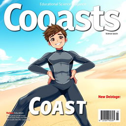 Detailed anime-style cover art for an educational science magazine issue titled 'Coasts', featuring a friendly athletic teen male character in a tight wet full-body wetsuit