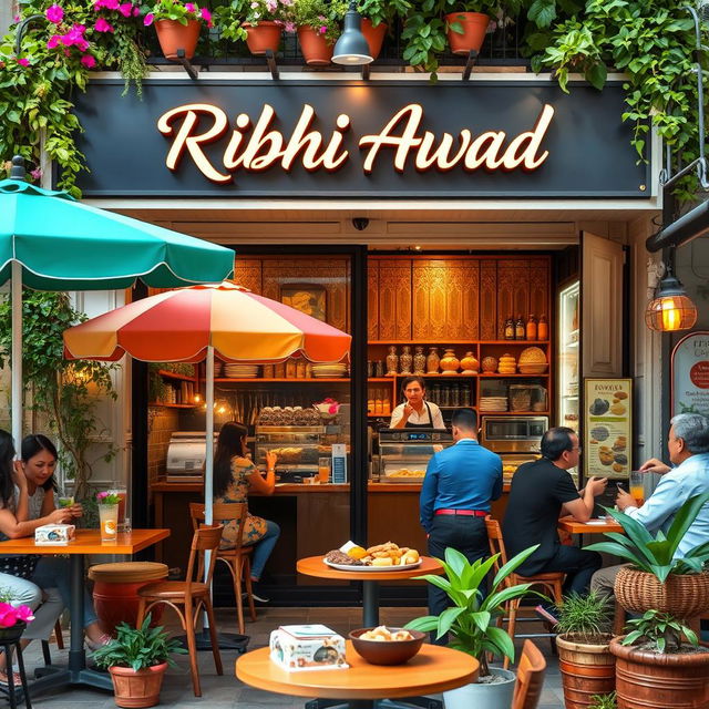 A lively food and beverage business named 'Ribhi Awad', featuring an outdoor café setting with vibrant decor