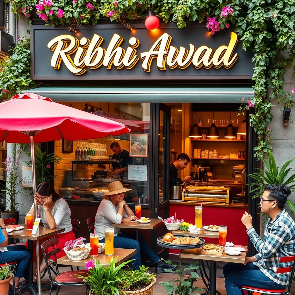 A lively food and beverage business named 'Ribhi Awad', featuring an outdoor café setting with vibrant decor