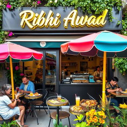 A lively food and beverage business named 'Ribhi Awad', featuring an outdoor café setting with vibrant decor