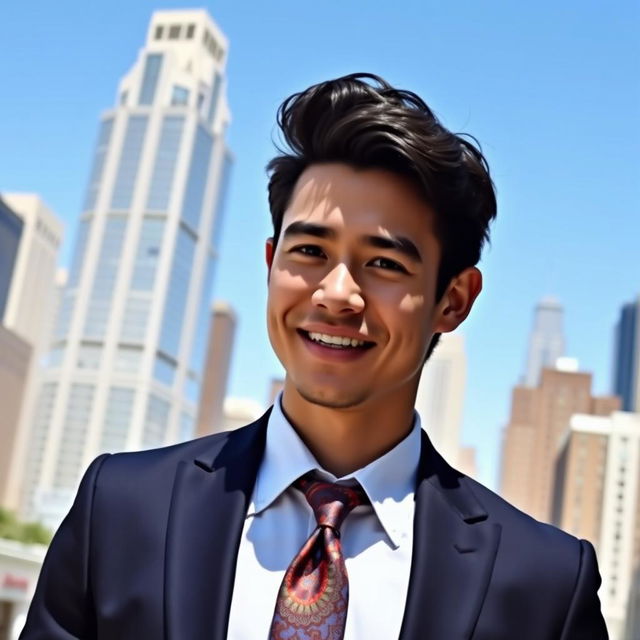 A stylish, confident individual wearing a tailored suit, standing in a vibrant cityscape