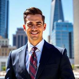 A stylish, confident individual wearing a tailored suit, standing in a vibrant cityscape