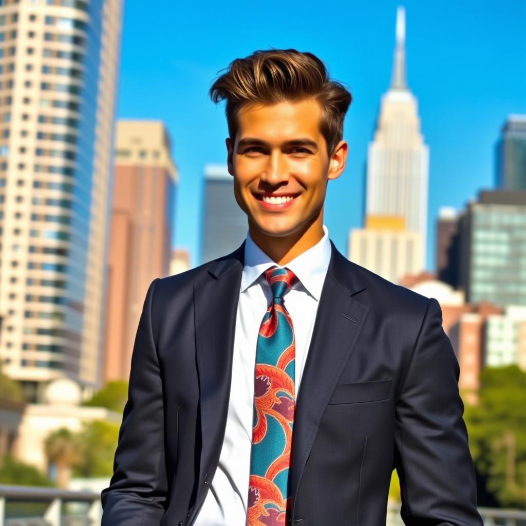 A stylish, confident individual wearing a tailored suit, standing in a vibrant cityscape