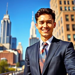 A stylish, confident individual wearing a tailored suit, standing in a vibrant cityscape