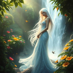 An enchanting ethereal beauty, a mystical woman with flowing white hair, stands gracefully in a magical jungle setting