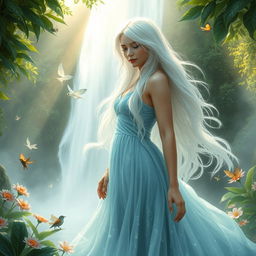 An enchanting ethereal beauty, a mystical woman with flowing white hair, stands gracefully in a magical jungle setting