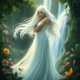 An enchanting ethereal beauty, a mystical woman with flowing white hair, stands gracefully in a magical jungle setting