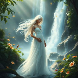 An enchanting ethereal beauty, a mystical woman with flowing white hair, stands gracefully in a magical jungle setting