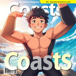 Detailed anime-style cover art for an educational science magazine issue titled 'Coasts', featuring a full-body shot of a friendly athletic teen male character in a tight wet wetsuit