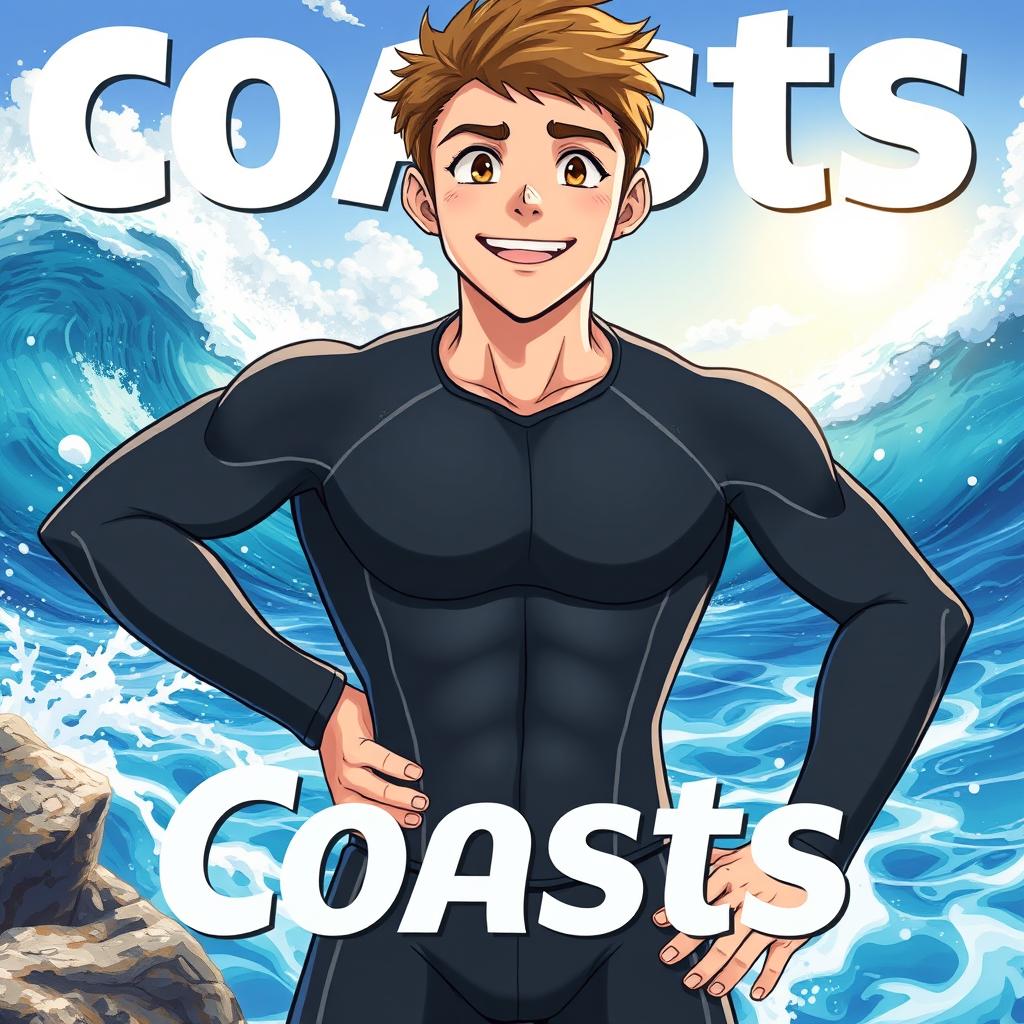 Detailed anime-style cover art for an educational science magazine issue titled 'Coasts', featuring a full-body shot of a friendly athletic teen male character in a tight wet wetsuit