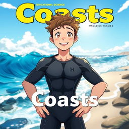 Detailed anime-style cover art for an educational science magazine issue titled 'Coasts', featuring a full-body shot of a friendly athletic teen male character in a tight wet wetsuit