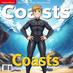 Detailed anime-style cover art for an educational science magazine issue titled 'Coasts', featuring a full-body shot of a friendly athletic teen male character in a tight wet wetsuit