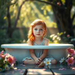 A serene and calming scene featuring a young girl with ginger hair and freckles, sitting in a peaceful outdoor setting near a tranquil bath