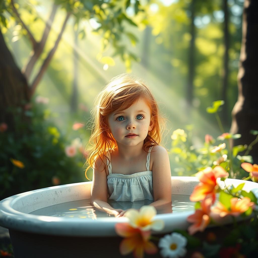 A serene and calming scene featuring a young girl with ginger hair and freckles, sitting in a peaceful outdoor setting near a tranquil bath