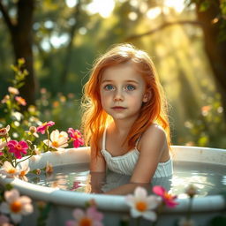 A serene and calming scene featuring a young girl with ginger hair and freckles, sitting in a peaceful outdoor setting near a tranquil bath
