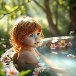 A serene and calming scene featuring a young girl with ginger hair and freckles, sitting in a peaceful outdoor setting near a tranquil bath