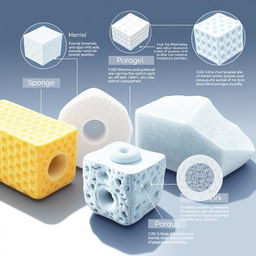 A detailed illustration of porous solids, showcasing various types of materials like sponge, aerogel, and porous rock in a scientific setting