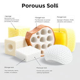 A detailed illustration of porous solids, showcasing various types of materials like sponge, aerogel, and porous rock in a scientific setting