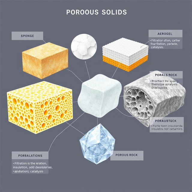 A detailed illustration of porous solids, showcasing various types of materials like sponge, aerogel, and porous rock in a scientific setting